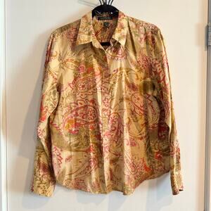 Lauren Ralph Lauren Paisley Button Front Shirt Tan Pink Long Sleeve Womens Sz XL